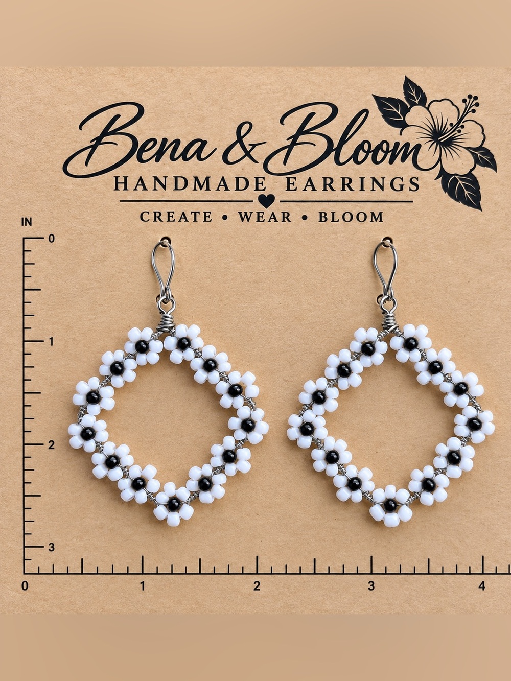 White and Black Floral Hoop Earrings